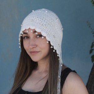 White Knitted Crochet  Skull Cap Hat-Summer Boho Skull Caps-Women Boho Hippie Skull Caps-Festival and Summer Rave Hat-Elf Hat-Gothic  Hat