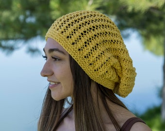 Knitted Crochet Summer Slouchy Beanie, Mens and Women Boho Hippie Clothing, Slightly Slouchy Hat, Baggy Beanie, Linen Summer Beanie
