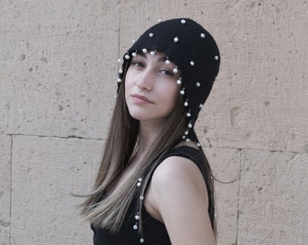 Pearls Embellished Hand Knitted Black Hat with Fringe -Hat With Tassel -Winter Skull Caps-Boho Hippie Skull Caps-Bling Beanie -Festival Hat