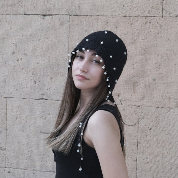 Pearls Embellished Hand Knitted Black Hat with Fringe -Hat With Tassel -Winter Skull Caps-Boho Hippie Skull Caps-Bling Beanie -Festival Hat