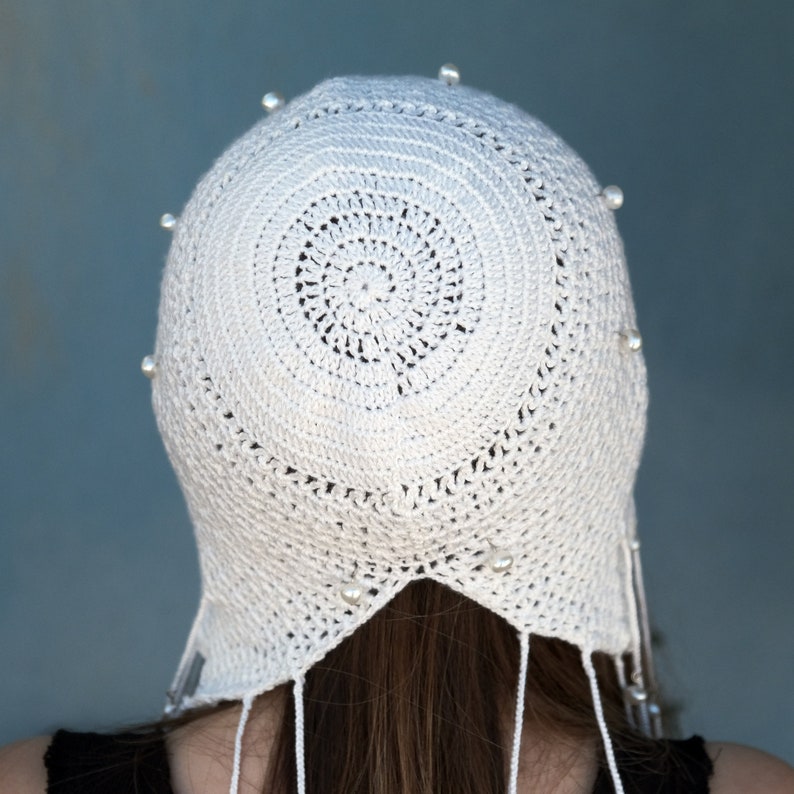 White Knitted Crochet Skull Cap Hat-Summer Boho Skull Caps-Women Boho Hippie Skull Caps-Festival and Summer Rave Hat-Elf Hat-Gothic Hat image 9