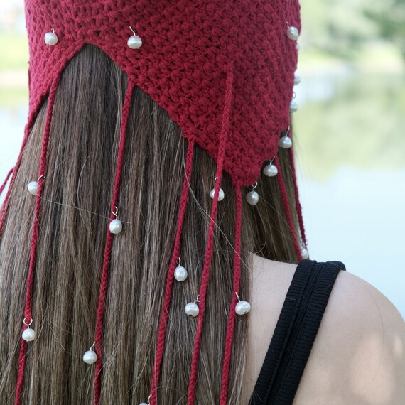 【PEARLY GATES】Women's Smile Crochet Knit Hat Pearls Embellished Hand Knitted Hat With Fringe -hat With