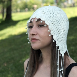 White Knitted Crochet Skull Cap Hat-Summer Boho Skull Caps-Women Boho Hippie Skull Caps-Festival and Summer Rave Hat-Elf Hat-Gothic Hat image 6