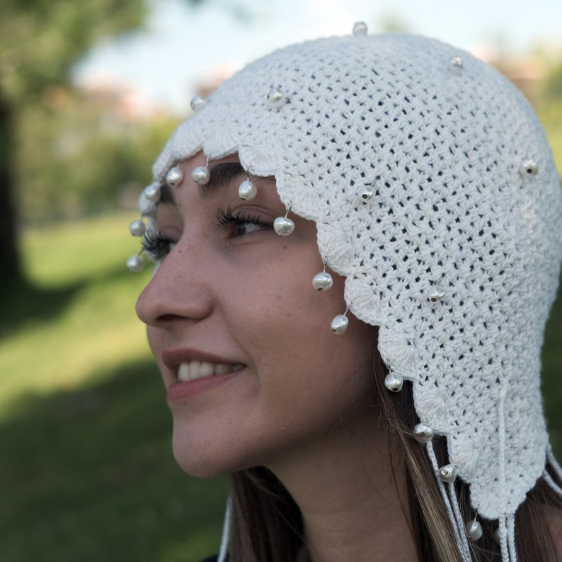 White Knitted Crochet Skull Cap Hat-Summer Boho Skull Caps-Women Boho Hippie Skull Caps-Festival and Summer Rave Hat-Elf Hat-Gothic Hat image 5