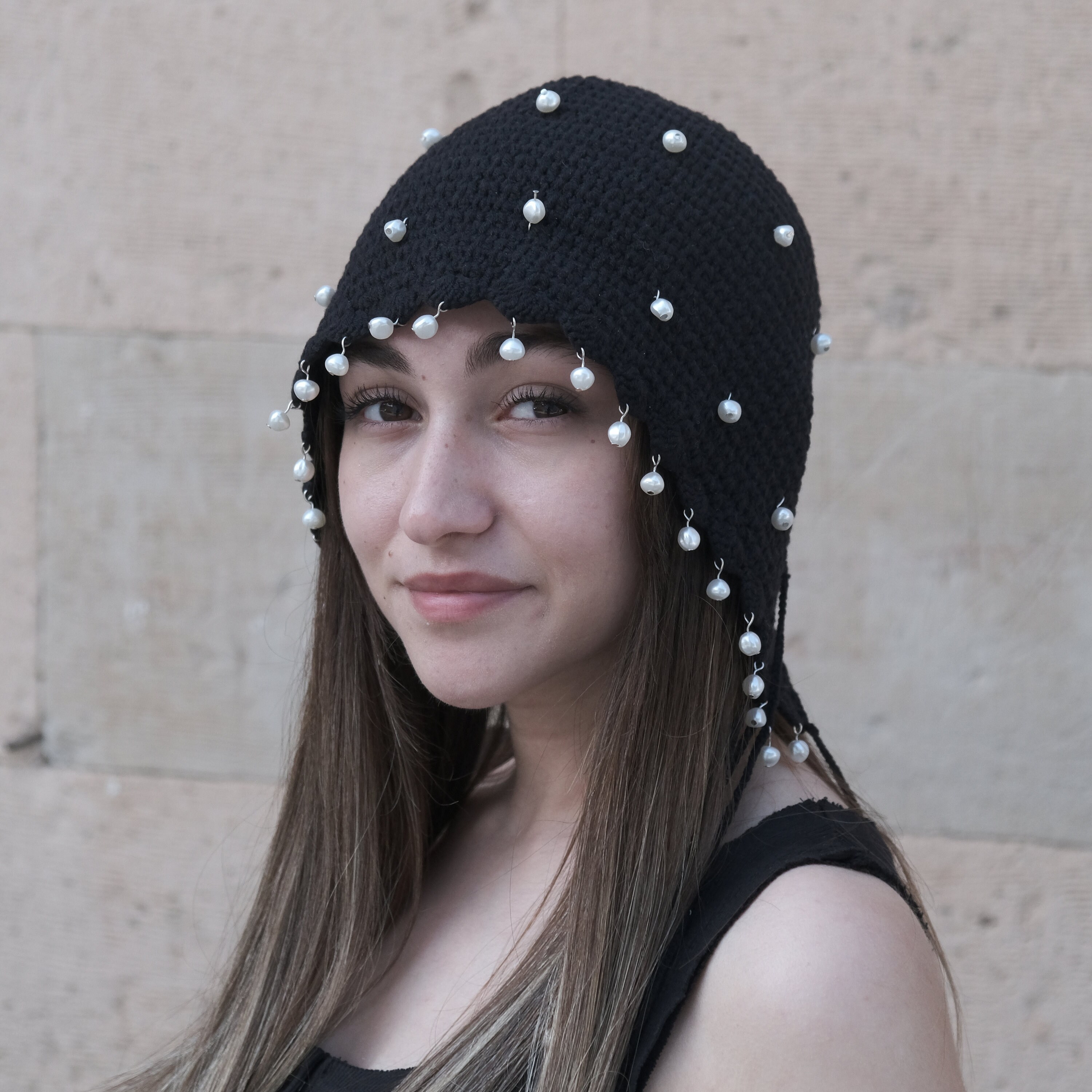 Pearls Embellished Hand Knitted Black Hat With Fringe hat With Tassel