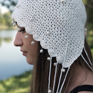 White Knitted Crochet Skull Cap Hat-Summer Boho Skull Caps-Women Boho Hippie Skull Caps-Festival and Summer Rave Hat-Elf Hat-Gothic Hat image 7