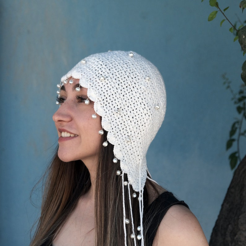 White Knitted Crochet Skull Cap Hat-Summer Boho Skull Caps-Women Boho Hippie Skull Caps-Festival and Summer Rave Hat-Elf Hat-Gothic Hat image 3