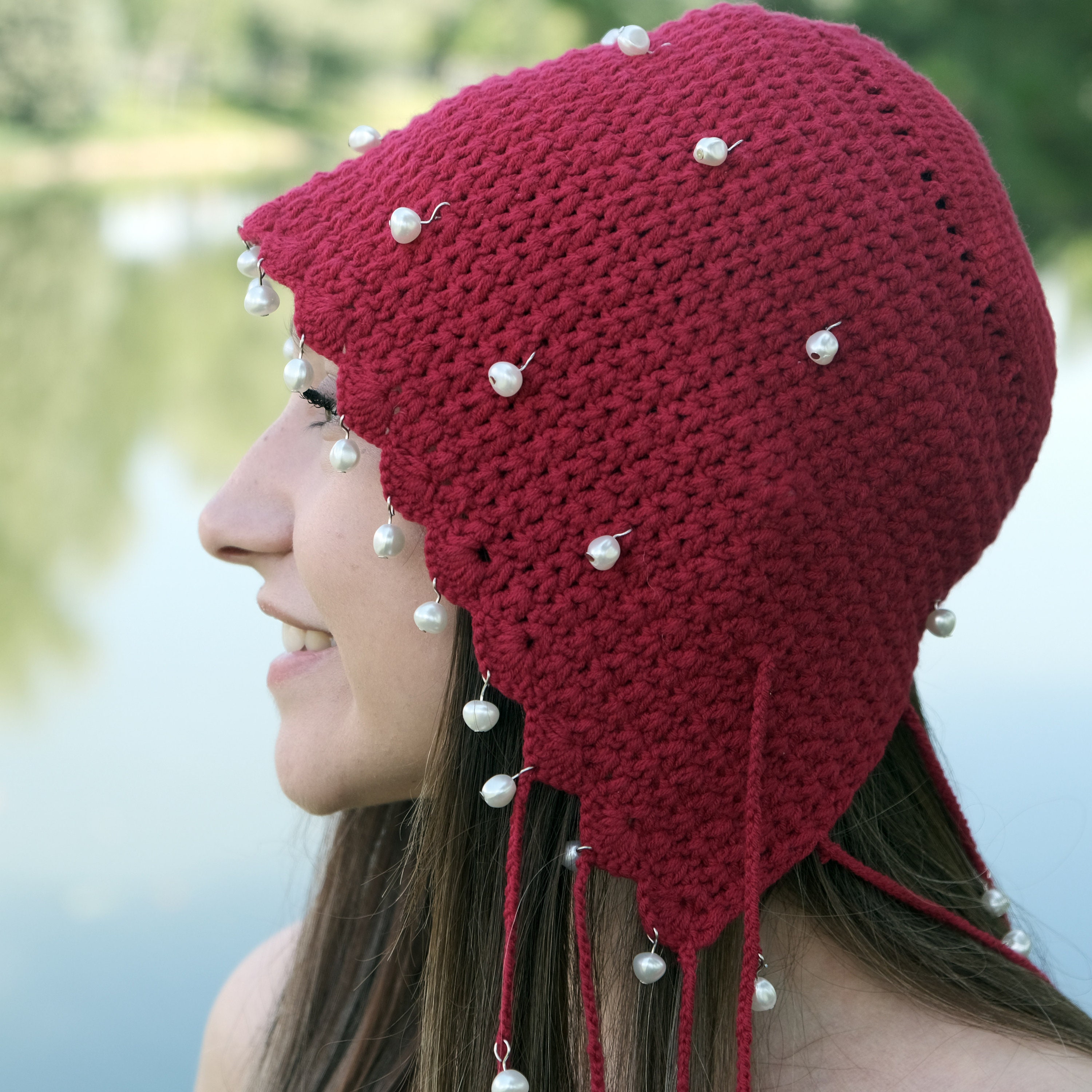 【PEARLY GATES】Women's Smile Crochet Knit Hat Pearls Embellished Hand Knitted Hat With Fringe -hat With