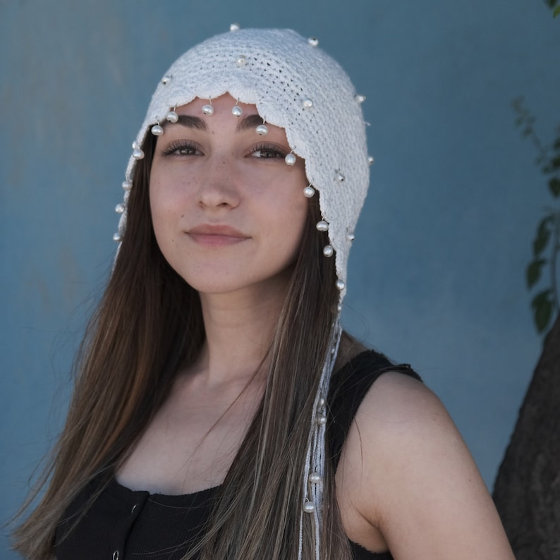 White Knitted Crochet Skull Cap Hat-Summer Boho Skull Caps-Women Boho Hippie Skull Caps-Festival and Summer Rave Hat-Elf Hat-Gothic Hat image 4