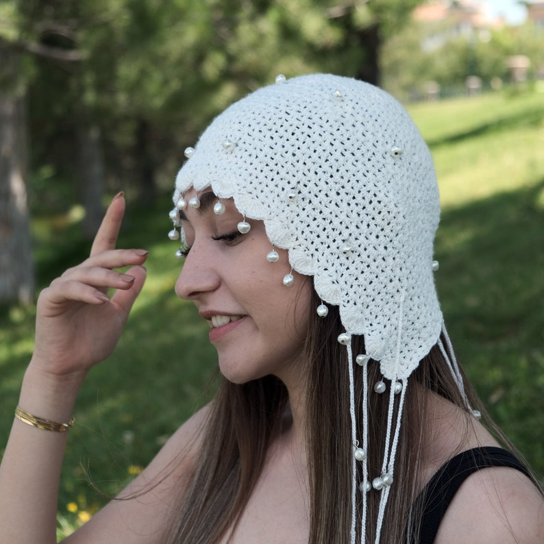 White Knitted Crochet Skull Cap Hat-Summer Boho Skull Caps-Women Boho Hippie Skull Caps-Festival and Summer Rave Hat-Elf Hat-Gothic Hat image 2