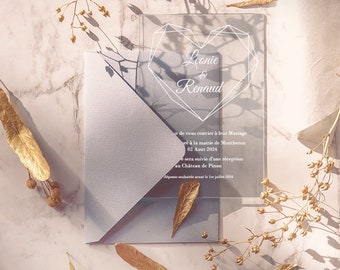 Faire Part Mariage transparent gravé en plexiglass acrylique personnalisé Coeur Blanc / Wedding Invitation acrylic personalized White Heart