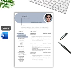May include: A resume template for a Software Engineer named Charles. The resume includes sections for profile, contact information, experience, technology skills, education, and certifications. A photo of Charles is in the upper right corner. A keyboard, pen, and a Word document icon are also visible.