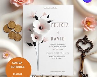 Minimal Floral Wedding Invitation Suite Canva | Elegant Line Art Invite Set RSVP Details Card | Editable Printable Download