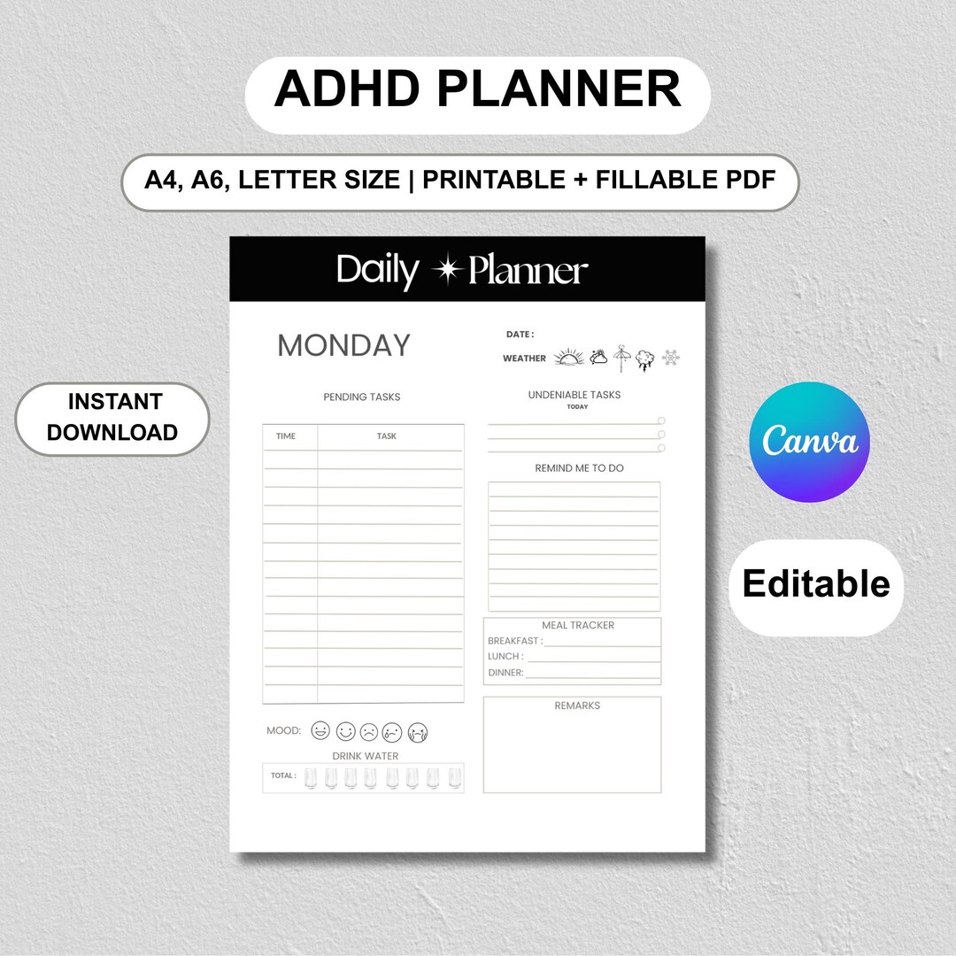 ADHD Daily Planner Printable | Weekly Digital Planner | Canva Editable ...