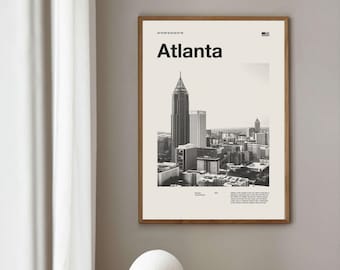 May include: A black and white photograph of the Atlanta skyline with the text "Atlanta" and coordinates "33°45'16"N 84°23'24"W" at the top. The image also includes the text "Georgia, United States" and a small American flag.