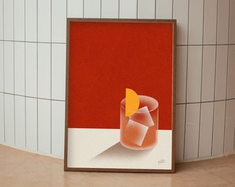 May include: A framed illustration of a glass of red liquid with ice cubes and a yellow orange slice on a white background. The background of the frame is red.