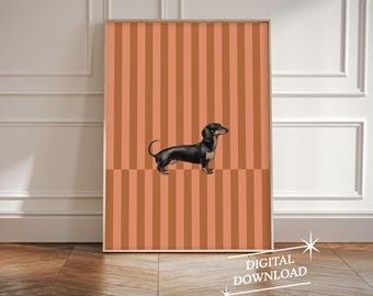 May include: A digital download of a printable art print featuring a black dachshund standing on a background of orange and white vertical stripes.
