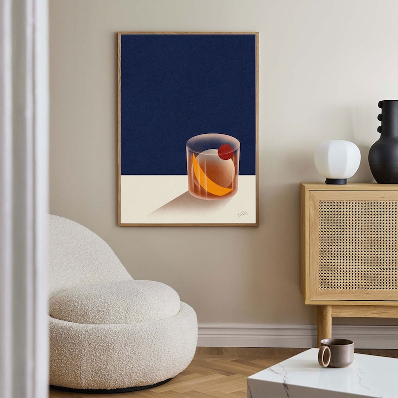 old fashioned minimalist poster, drinks poster, mid century modern print art, cocktail wall art, housewarming gift, bar decor, art decor, bauhaus art, bar cart decor