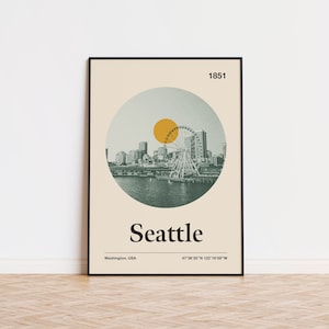 Seattle City Poster | Minimalistischer Kunstdruck | Stadt Poster | Mid Century Poster | Reise Druck Kunst | Retro Stadt Poster | Washington Poster