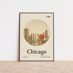 Cartel de la ciudad de Chicago / Impresión de arte minimalista / Cartel de la ciudad / Cartel de mediados de siglo / Arte de impresión de viaje / Cartel de la ciudad retro / Cartel de Illinois