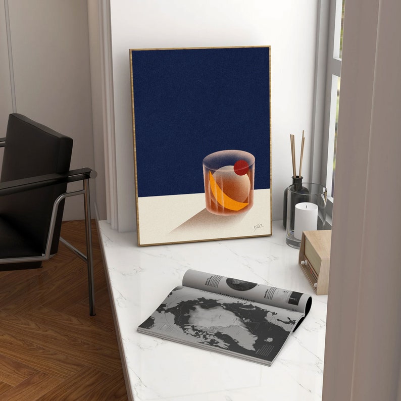 old fashioned minimalist poster, drinks poster, mid century modern print art, cocktail wall art, housewarming gift, bar decor, art decor, bauhaus art, bar cart decor