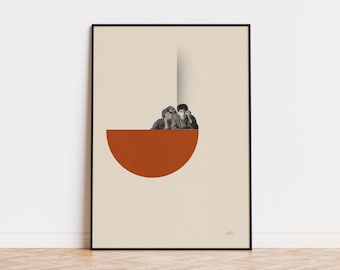May include: Framed art print featuring a minimalist design. The artwork showcases a semi-circle in a burnt orange hue, with two figures in black and white. The background is a neutral beige, with a vertical white stripe.