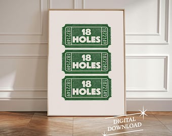 Vintage golfticket kunstafdruk | 18 holes sport kunst retro muur decor afdrukbare vaderdag cadeau digitale download golf cadeau voor hem
