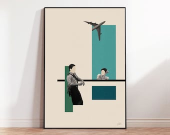 May include: A minimalist art print featuring two figures standing on a black line, with a green and blue geometric design behind them. A plane flies overhead against a light beige background.