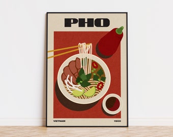 Pho Minimalist Food Poster | Mid Century Modern | Retro Kitchen Decor | Modern Food Art | Housewarming Gift | Vietnam