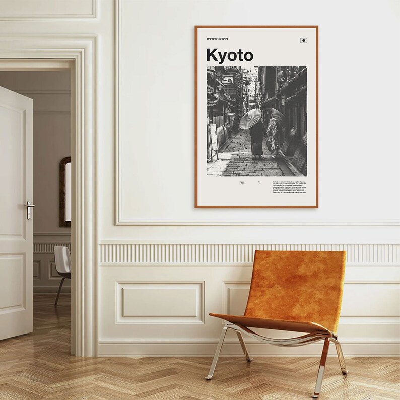 May include: A black and white photograph of a street in Kyoto, Japan. The street is lined with traditional Japanese buildings and there are people walking down the street. The text "Kyoto" is printed in bold, white letters at the top of the poster.
