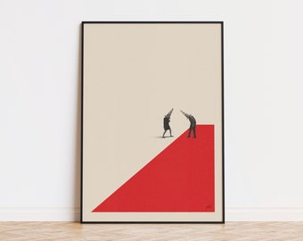 May include: Two figures wearing cone-shaped hats stand on a red diagonal line against a beige background. The figures are facing each other and appear to be interacting.