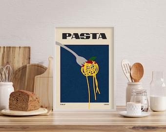 Pasta Food Poster | Mid Century Modern | Retro Kitchen Decor | Chef Print | Modern Food Art | Vintage Wall Art | Housewarming Gift | Italy