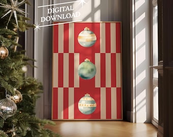 Vintage Christmas Wall Art, Digital Art Download, Modern Stripe Christmas Print, Trendy Holiday Wall Art, Cute Christmas Art Print