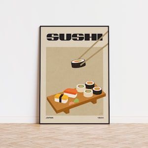 Sushi Food Poster | Mid Century Modern | Retro Kitchen Decor | Chef Print | Modern Food Art | Vintage Wall Art | Housewarming Gift | Japan