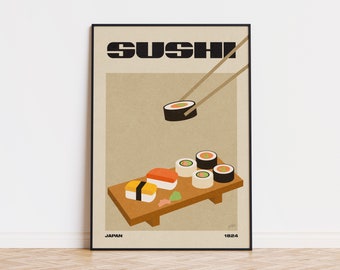 Sushi Food Poster | Mid Century Modern | Retro Kitchen Decor | Chef Print | Modern Food Art | Vintage Wall Art | Housewarming Gift | Japan