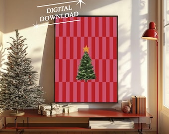 Vintage Christmas Wall Art, Digital Art Download, Modern Stripe Christmas Print, Trendy Holiday Wall Art, Cute Christmas Art Print