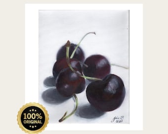 Unique Cherry Painting for Food Lovers Hand-Painted 8x10 Acrylic Still Life Art Elegant Kitchen & Dining Room Wall Decor