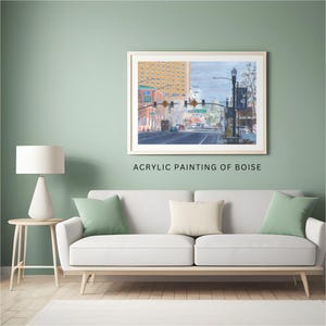 Signed hand-painted cityscape for art lovers Hand-painted urban skyline for anniversary gift Statement painting for modern workspace