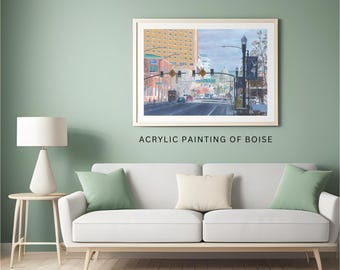 Signed hand-painted cityscape for art lovers Hand-painted urban skyline for anniversary gift Statement painting for modern workspace