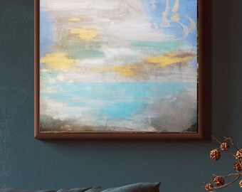 Mystic Lake of Love Abstract Acrylic Painting with Persian Calligraphy Blue & Gold Wall Art&quot;