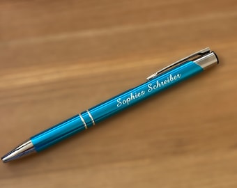 Stylo à bille turquoise avec la gravure de votre choix