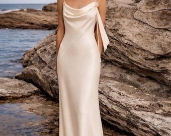 Simple wedding dress with cowl neck Backless 100% silk wedding dress Backless Bridal Gown Outfit for Reception or Special Occasion