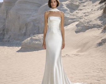 Vestido de novia sin tirantes con corsé, vestido de seda sin tirantes con corte al bies, vestido de novia sencillo, vestido de novia lencero con espalda drapeada, vestido de novia minimalista