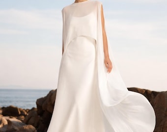 Capa de novia de seda, capa de boda a medida para novia, capa transparente, vestido de novia bohemio, capa de velo, chal, capa de gasa de seda arrugada personalizada