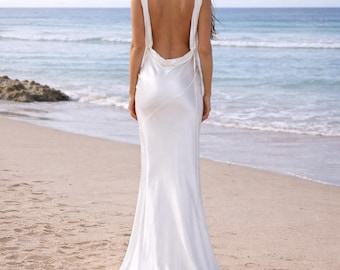 Vestido de novia lencero de seda con espalda descubierta, vestido de novia con corte al bies, vestido de novia sin espalda, vestido de novia minimalista, vestido de novia lencero