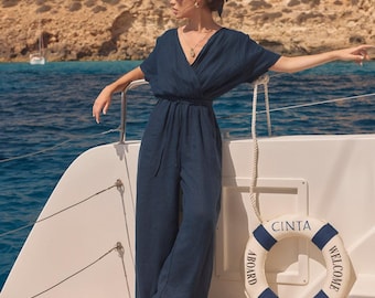 Tuta in lino con tasche, Tuta ampia in lino, Maglione in lino da donna, Completo in lino naturale