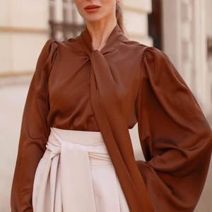 Brown satin silk blouse with long puffed sleeve for Holiday parties, Christmas outfit, Winter cocktail, Fall elegant women’s blouse