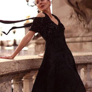 Black sequin dress, Vintage silk velvet dress, Luxurious Silk Velvet With Halter Neck, Long Dress, Cape Dress for Women, Made to Order Dress