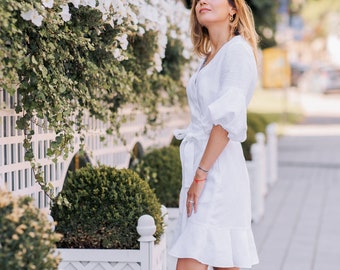 White muslin dress / Wrap Linen dress / Summer Dress / Bridesmaid Dresses