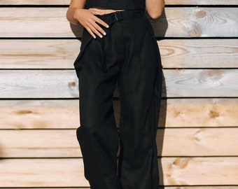 High waisted linen pants,  Linen pants for woman, Linen pants folded at the bottom